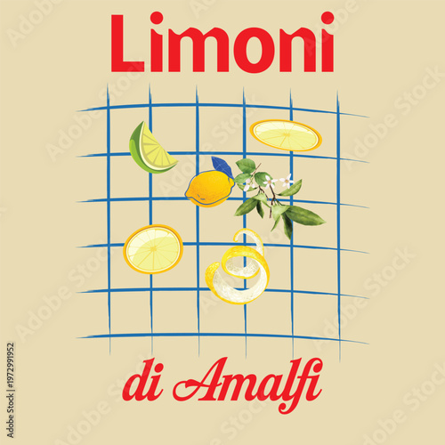 Aesthetic lemon slices on grid background. Trendy citrus fruit pattern for summer fashion apparel kitchen posters vibrant stationery and mediterranean lifestyle graphics. 