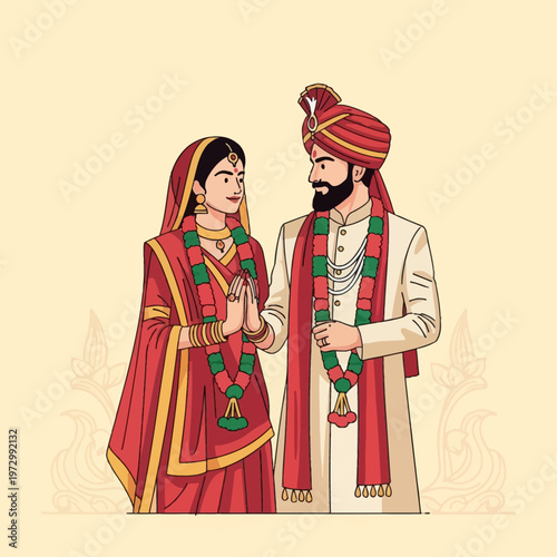 Vector illustration of a Hindu wedding couple with the bride in a red saree and the groom in a cream sherwani and red turban, both wearing floral garlands on a beige background.