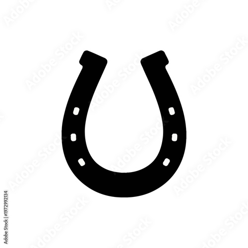 Black horseshoe silhouette isolated on white background. Minimalist u-shaped metal shoe for horses featuring visible nail hole indentations. Classic equine symbol for protection and luck.