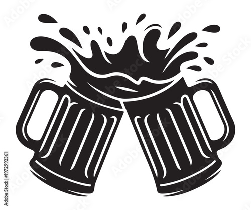 Two beer mugs clinking together with liquid splashing out isolated on white background