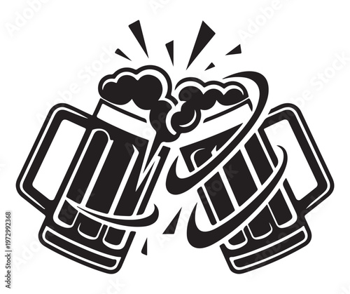 Two beer glasses clinking together with foam and excitement in a celebratory gesture isolated on white background