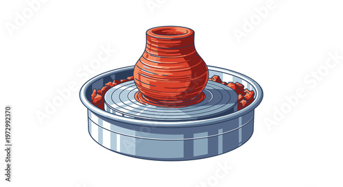 Pottery wheel with clay vase.