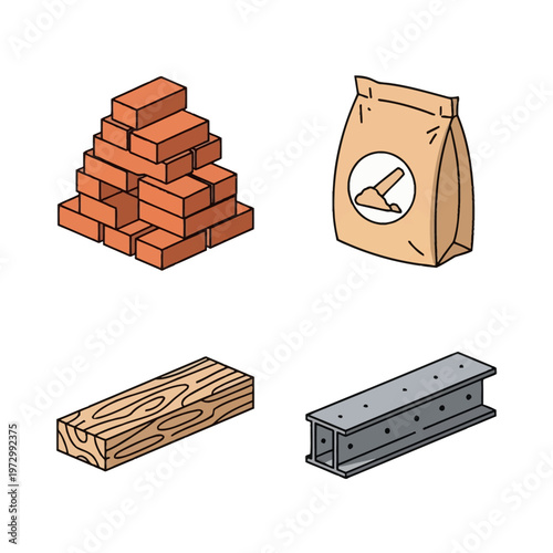 Set of four isometric vector icons of construction materials featuring a stack of red clay bricks, a paper bag of cement or mortar, a wooden timber plank, and a steel I-beam girder.