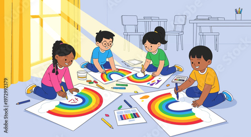 Children Drawing Rainbows Together in a Bright, Sunny Room