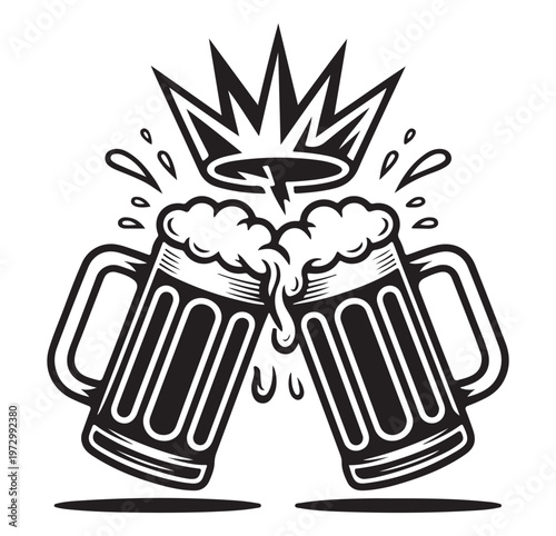 Black and white illustration of two beer mugs clinking with crown