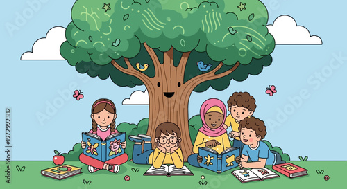 Children Reading Books Under a Happy Tree, Learning and Imagination