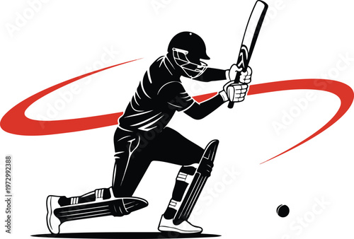 Professional cricket batsman silhouette illustration featuring a player hitting a ball with a red motion trail for sports and competition graphics.