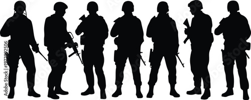 Professional military soldier silhouette set featuring armed special forces infantry personnel in tactical gear for combat and defense security graphics.