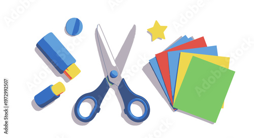 Colorful school supplies on white background.
