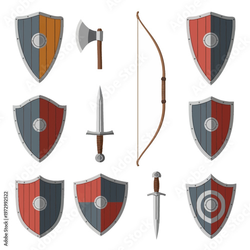 Collection of medieval weapon and shield icons including swords, axe, longbow, and various kite shields with heraldic red and gray patterns isolated on a white background.
