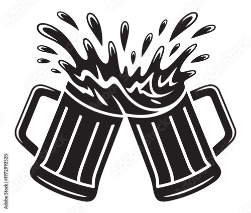 Two beer mugs clinking together with liquid splashing isolated on white background