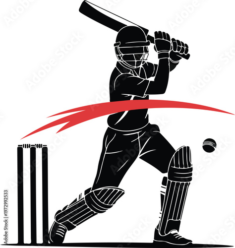Professional cricket batsman silhouette illustration featuring a player hitting a ball with a red motion trail for sports and competition graphics.