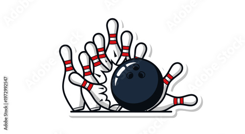 Bowling ball and pins cartoon illustration.