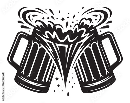 Two beer mugs clinking together with foam and splashes isolated on white background