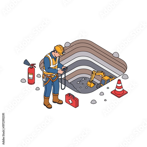 Industrial safety worker in protective gear performs an inspection at an open pit mine excavation site,
