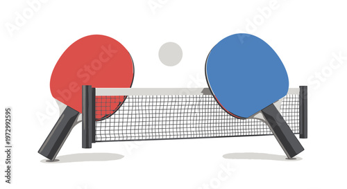 Ping pong rackets and net on table.