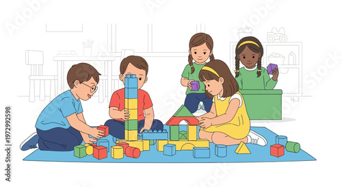 Diverse children building with colorful blocks, learning and playing together in a classroom.