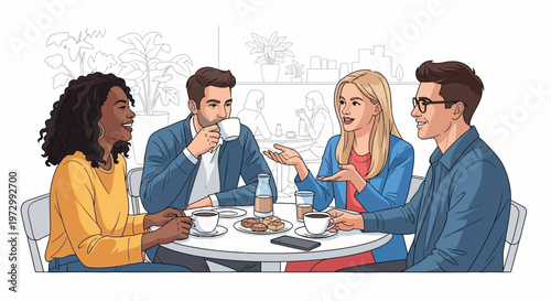 Diverse friends enjoying coffee break at outdoor cafe, chatting and laughing