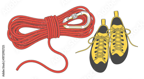 Climbing gear including red rope and shoes.