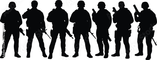 Professional military soldier silhouette set featuring armed special forces infantry personnel in tactical gear for combat and defense security graphics.