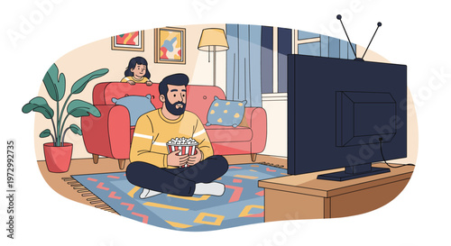 Father and daughter watching television together on sofa in cozy living room while eating popcorn and relaxing.