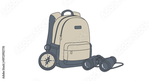 Illustration of beige backpack with binoculars.
