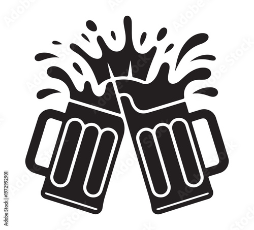 Black silhouette of two beer mugs clinking together with splashing liquid isolated on white background