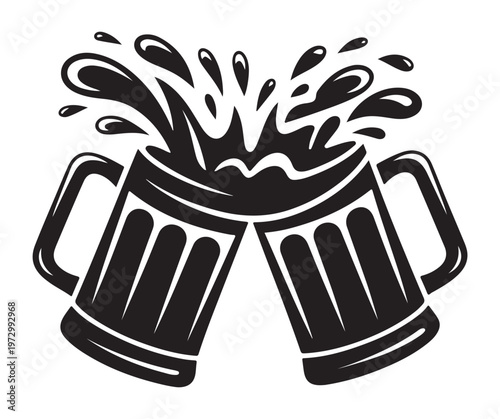 Two beer mugs clinking together with liquid splashing out isolated on white background