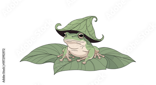 Cute green tree frog sitting on large leaf and wearing another small leaf like a hat in natural forest environment.