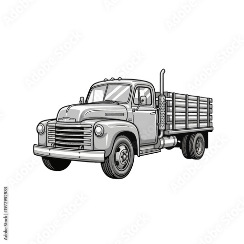 Vintage 1940s style farm truck illustration with a stake bed, wooden side rails, and vertical exhaust pipe, rendered in a detailed monochromatic sketch style on a white background.