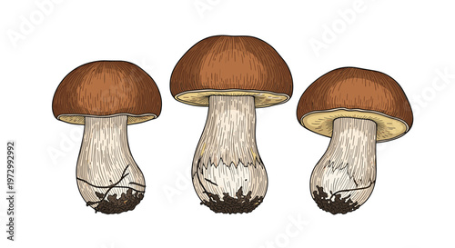 Three edible porcini mushrooms with brown caps and thick white stalks in detailed hand-drawn illustration style.