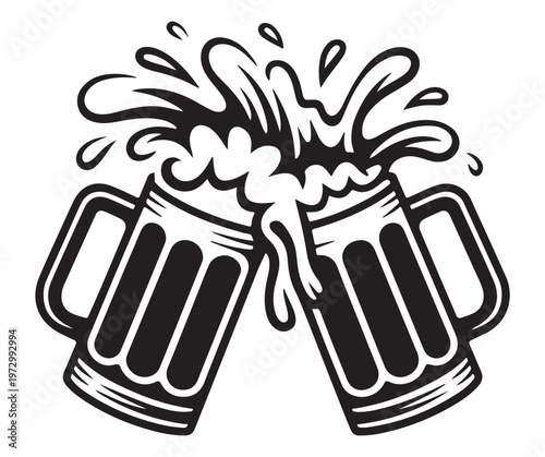 Two beer mugs clinking and overflowing with foam on white background