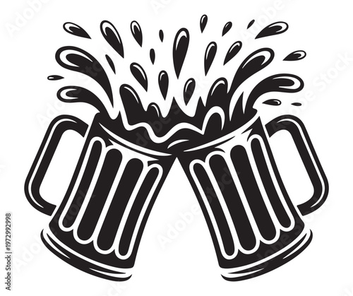Black and white illustration of two beer mugs clinking together with liquid splashing