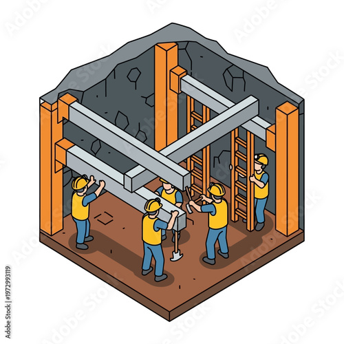 Construction workers reinforcing an underground excavation with wooden beams and metal supports in an isometric view, highlighting safety and structural integrity