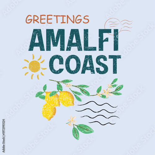 Coastal vacation vibe with sun and citrus branches. Nautical travel theme for resort wear, souvenirs, summer holiday posters, and Mediterranean beach lifestyle branding. 