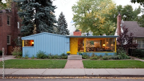 Brightly colored, single story dwelling stands out on a suburban street surrounded by mature trees