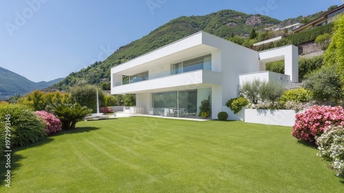 Modern minimalist residence features expansive lawn surrounded by lush greenery and mountainside backdrop