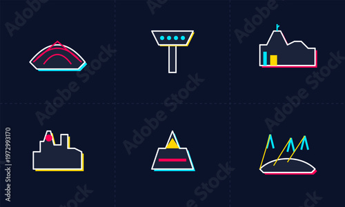 Hand-drawn minimalist neon line icons depicting global soccer host venues and landmark city skylines for athletic authentic illustration