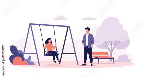 Young girl playing on swing in public park while father stands nearby in peaceful autumn outdoor park setting.