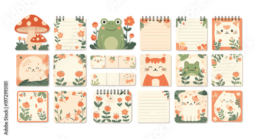 Large collection of cute stationery elements including memo pads, sticky notes, and labels with cats and frogs designs.