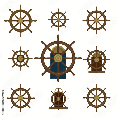 Collection of wooden nautical ship's wheels and steering helms in various sizes and designs, some mounted on pedestals, featuring brass hardware and detailed spokes on white background.