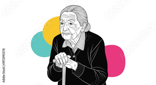 Detailed line art portrait of an elderly woman leaning on wooden walking stick with colorful abstract circles in background.