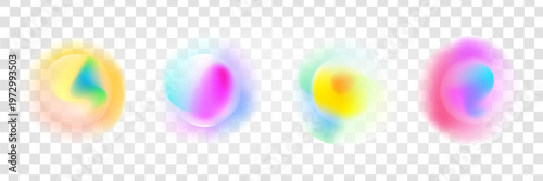 Set color circle gradient noise gradation. Abstract colorful watercolor blur mesh on isolated transparent background. Circle shape png. Gradient aura, grain neon blob noise effect vector illustration.