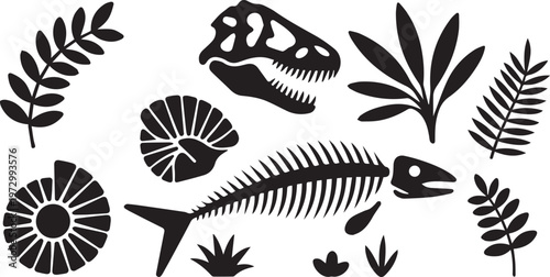 Fossil and Skeleton Silhouette Set – Prehistoric Bones, Leaves, and Natural History Illustration
