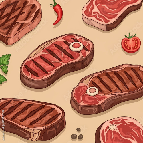 Top-down vector illustration of various raw and grilled beef steak cuts with marbling and char marks, featuring T-bone and ribeye portions with tomato slice, chili, and peppercorns.