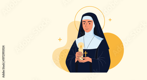 Devout nun in traditional black and white habit holding a glowing lit candle against a warm yellow circular background.