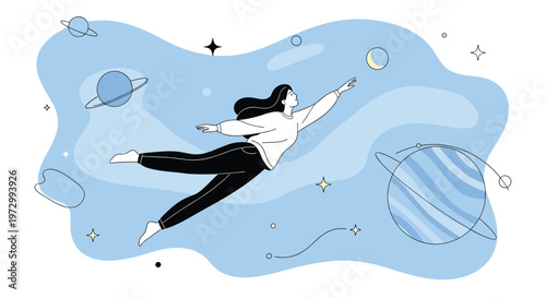 Imaginative illustration of a woman floating or flying through a blue space filled with stars, planets, and celestial bodies.