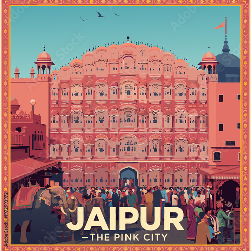 Jaipur Pink City Landmark Illustration – Hawa Mahal Architecture Travel Poster India