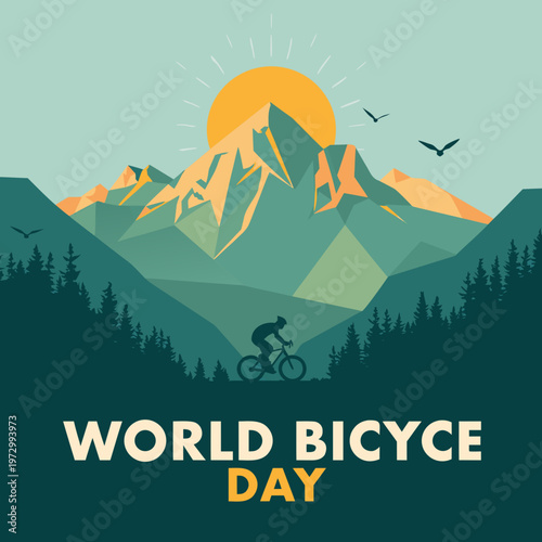World Bicycle Day Mountain Landscape with Cyclist Silhouette – Adventure Nature Illustration