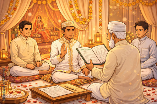 Bangladeshi Muslim Wedding Nikah Ceremony, Groom with Imam and Witnesses Traditional Islamic Marriage Vector Illustration
